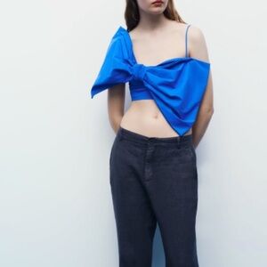 Zara Bow Tied Blue Bow Crop Top Asymmetrical Top New Small Medium